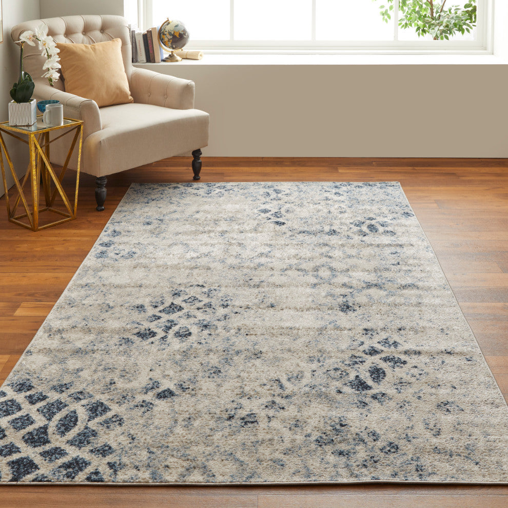 Wyllah Contrasting Distressed Area Rug, Ivory/Blue, 6'7"x9'6"