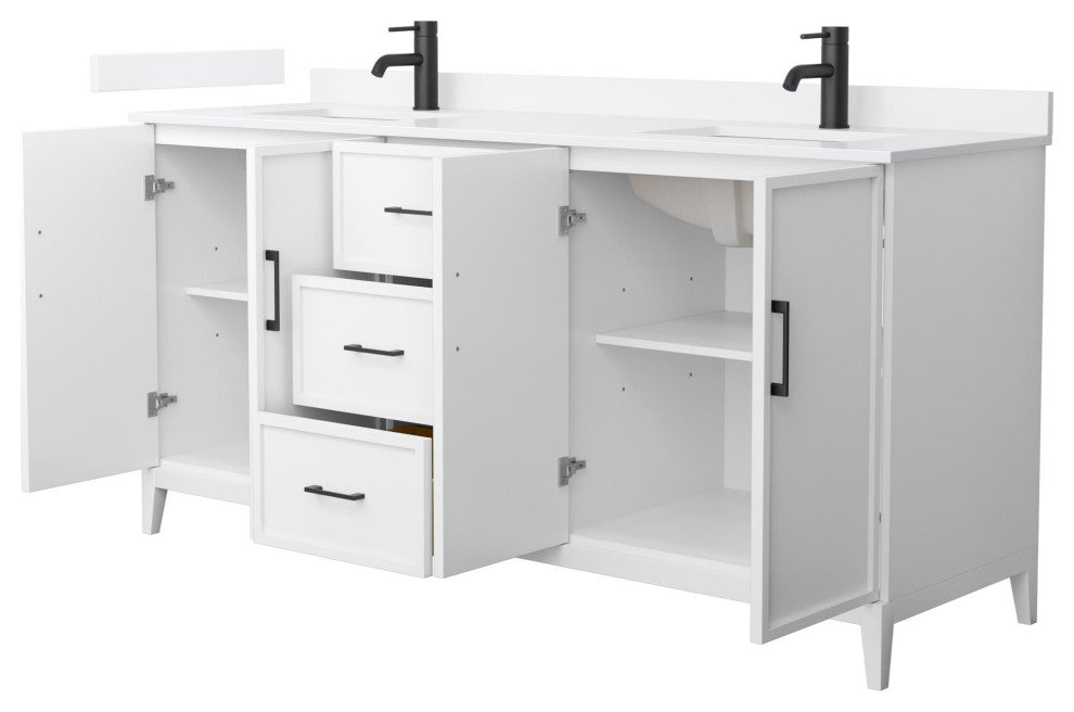 Elan 72" Double Vanity, White, White Quartz Top, 1-Hole, Black Trim