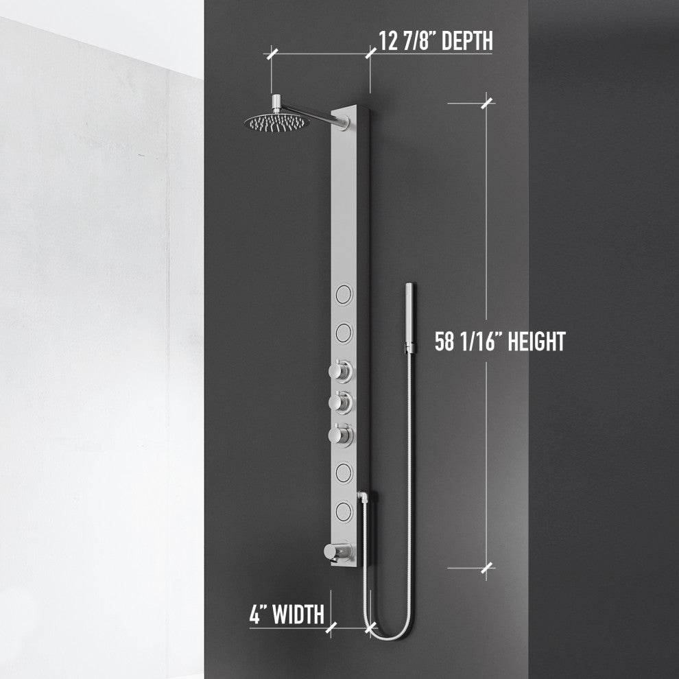 Bowery 58" H x 4" W 4-Jet Shower Panel with Round Shower Head and Tub Filler, Stainless