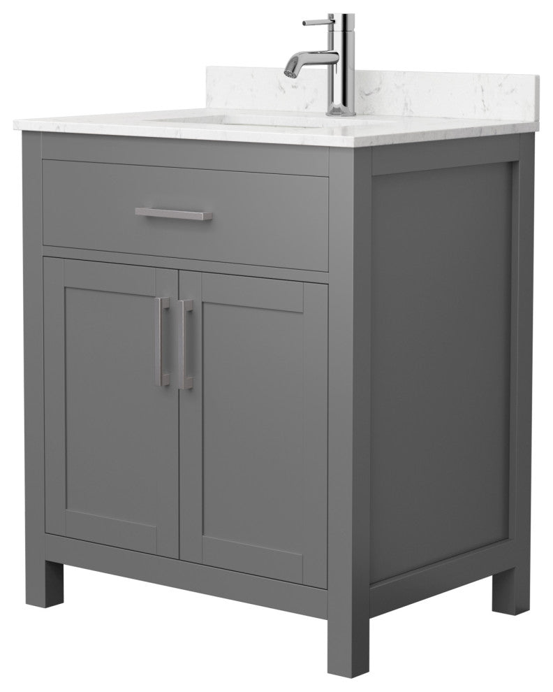 30"SGL Vanity Dark Gray, Carrara Cult. Marble Countertop, Sink, Nickel Trim