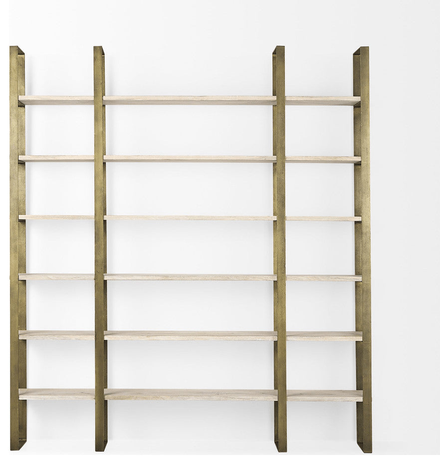 90" Gold and Natural Distressed Iron and Solid Wood Six Tier Bookcase