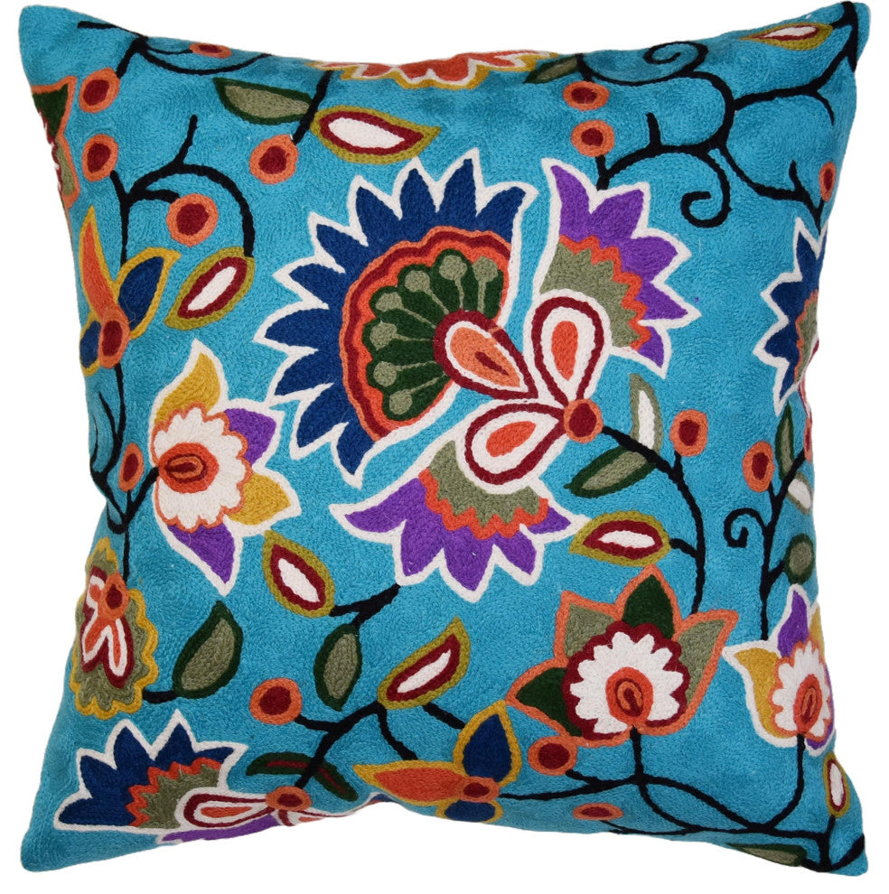 Turquoise Floral Pillow Cover Hand Embroidered Modern Design Wool 18x18