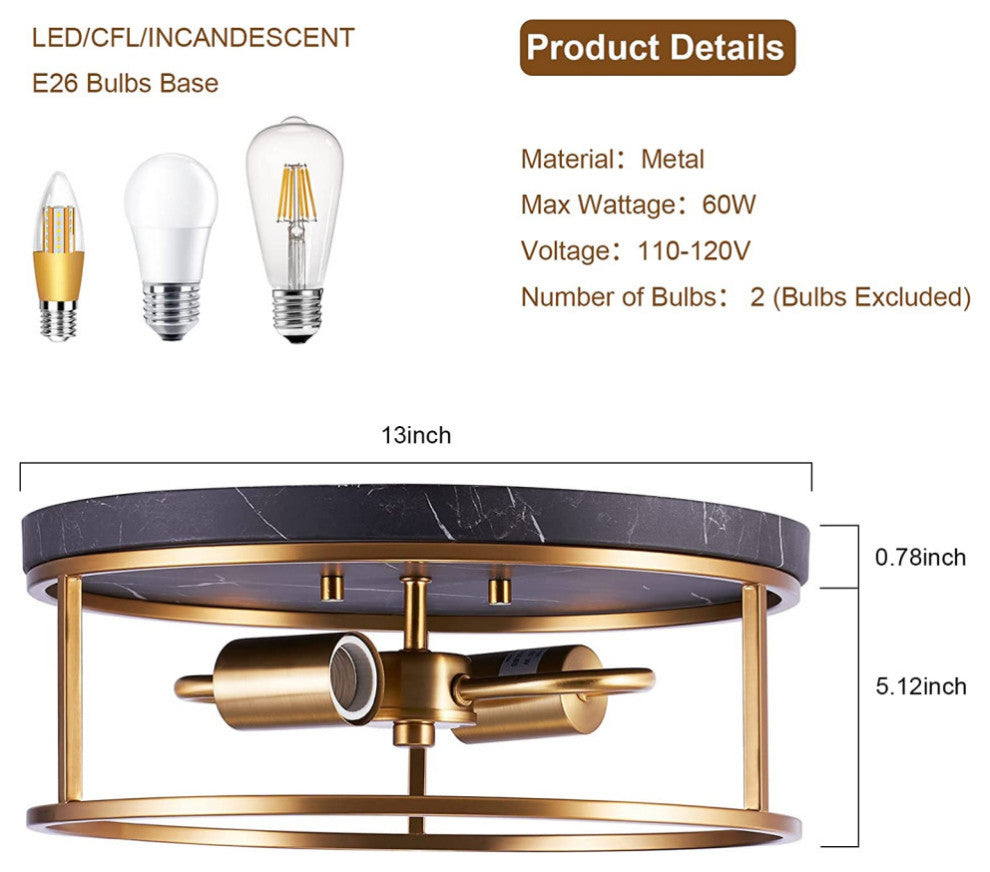 2 light Flush Mount Ceiling Light Fixture farmhouse ceiling lamp with brass