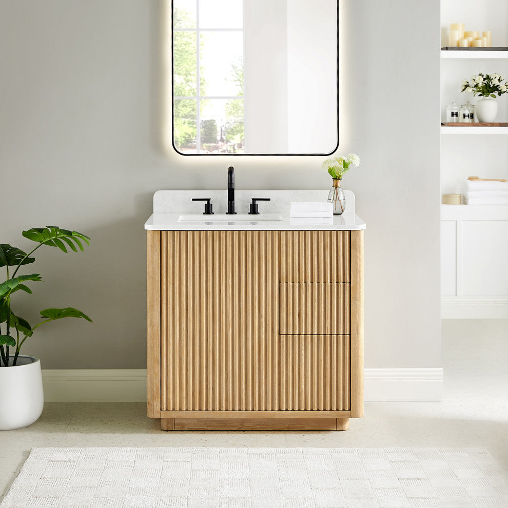 Clayton Bathroom Vanity, Washed Light Brown, 36", No Mirror