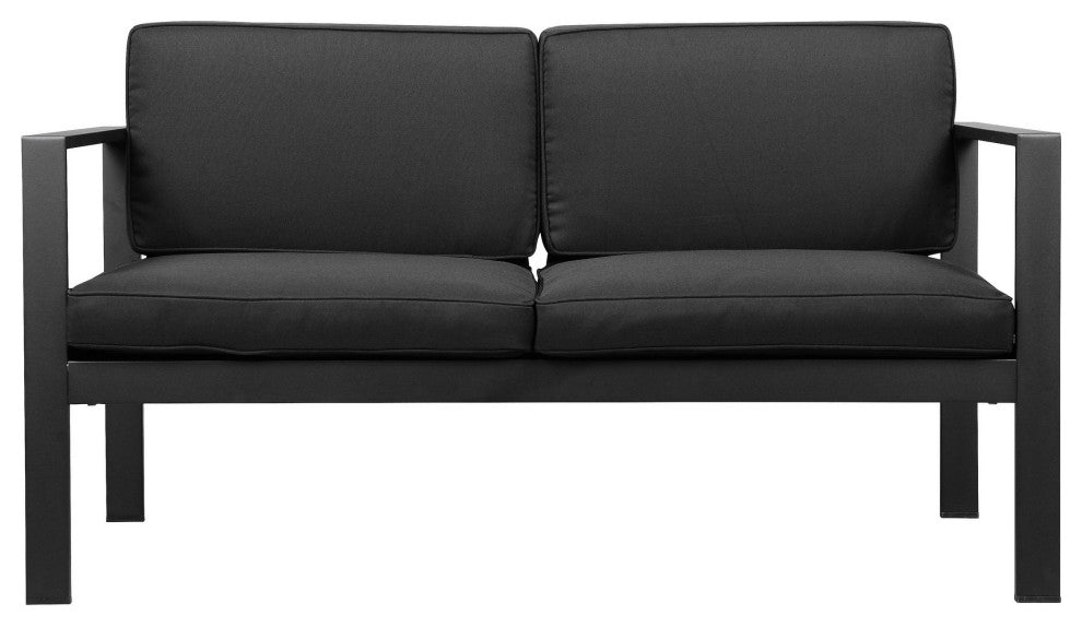 Benzara BM287811 Sofa, Jet Black Aluminum Frame, Water Resistant Cushions