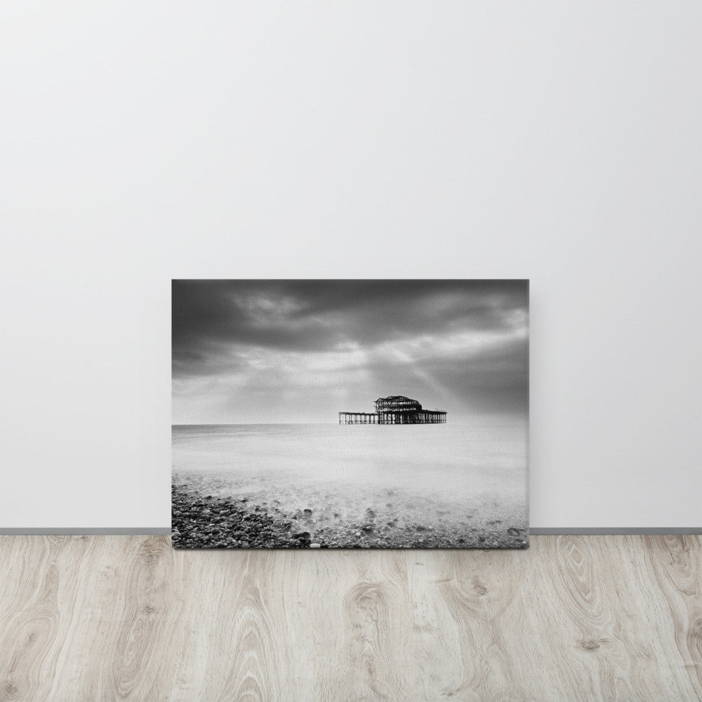 Abandoned West Pier Coastal Seascape Black & White Photo Canvas Art Print, 18" X 24"