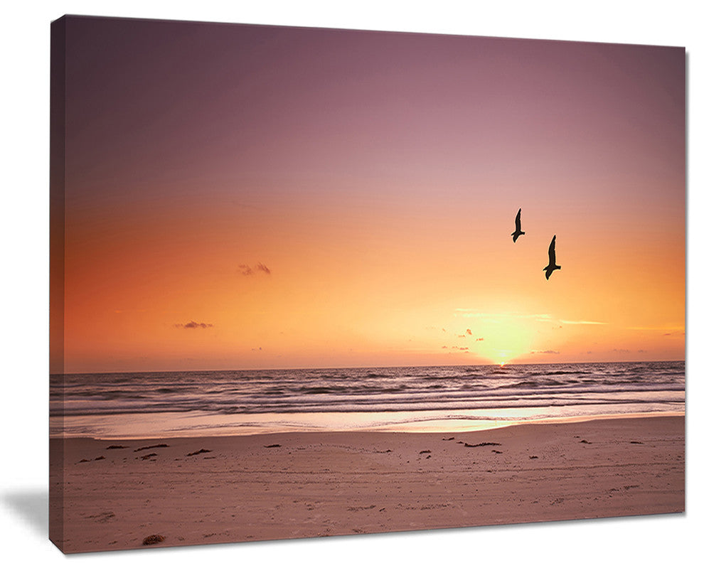 "Beach Sunset And Sea Gulls" Modern Seashore Canvas Art, 40"x30"