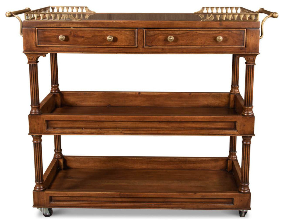 Traditional Style Walnut Rolling Bar Cart