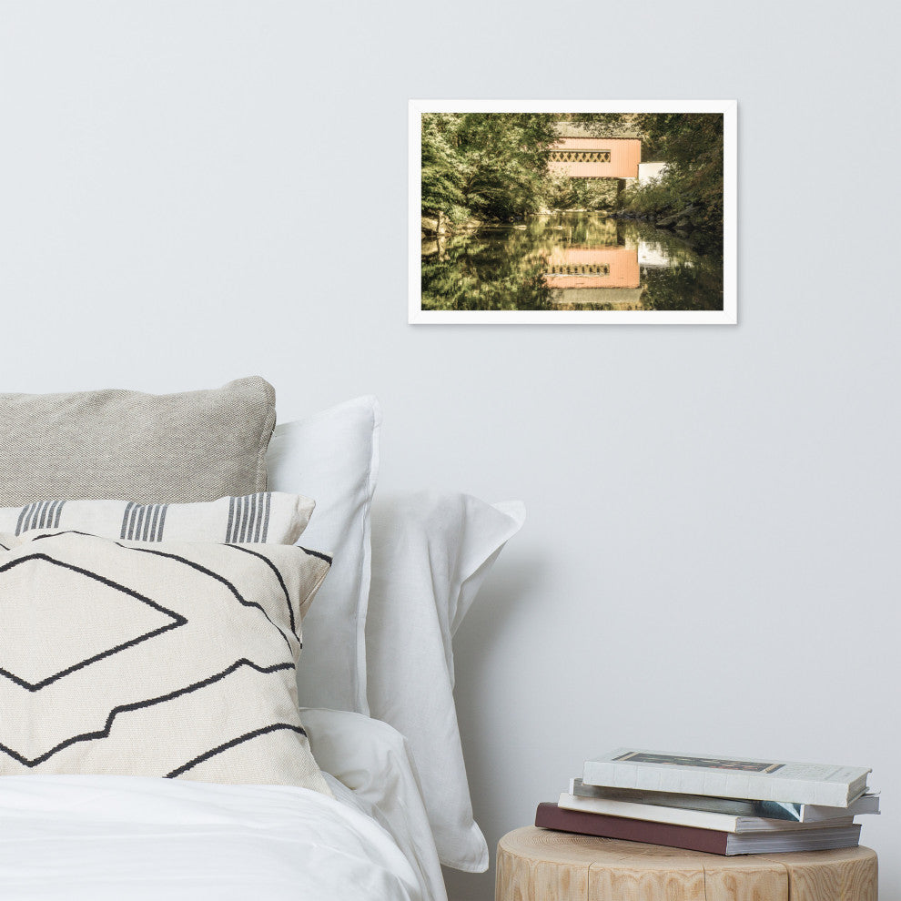 The Reflections of Wooddale Covered Bridge Aged Framed Photo Wall Art Print, White, 12" X 18"