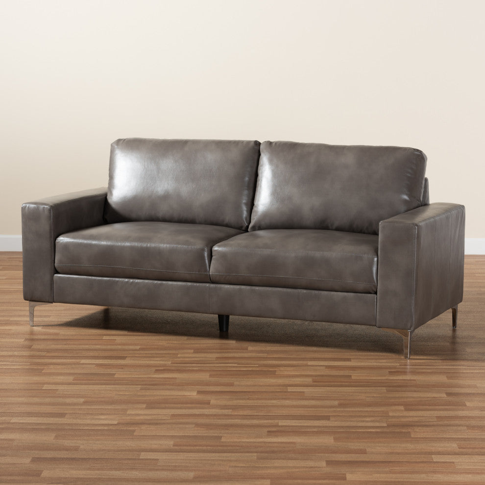 Rayan Modern Grey Faux Leather Upholstered Silver Finished Metal Loveseat
