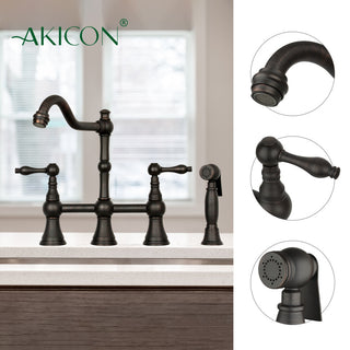 Two-Handles Copper Bridge Kitchen Faucet with Side Sprayer, Oil Rubbed Bronze