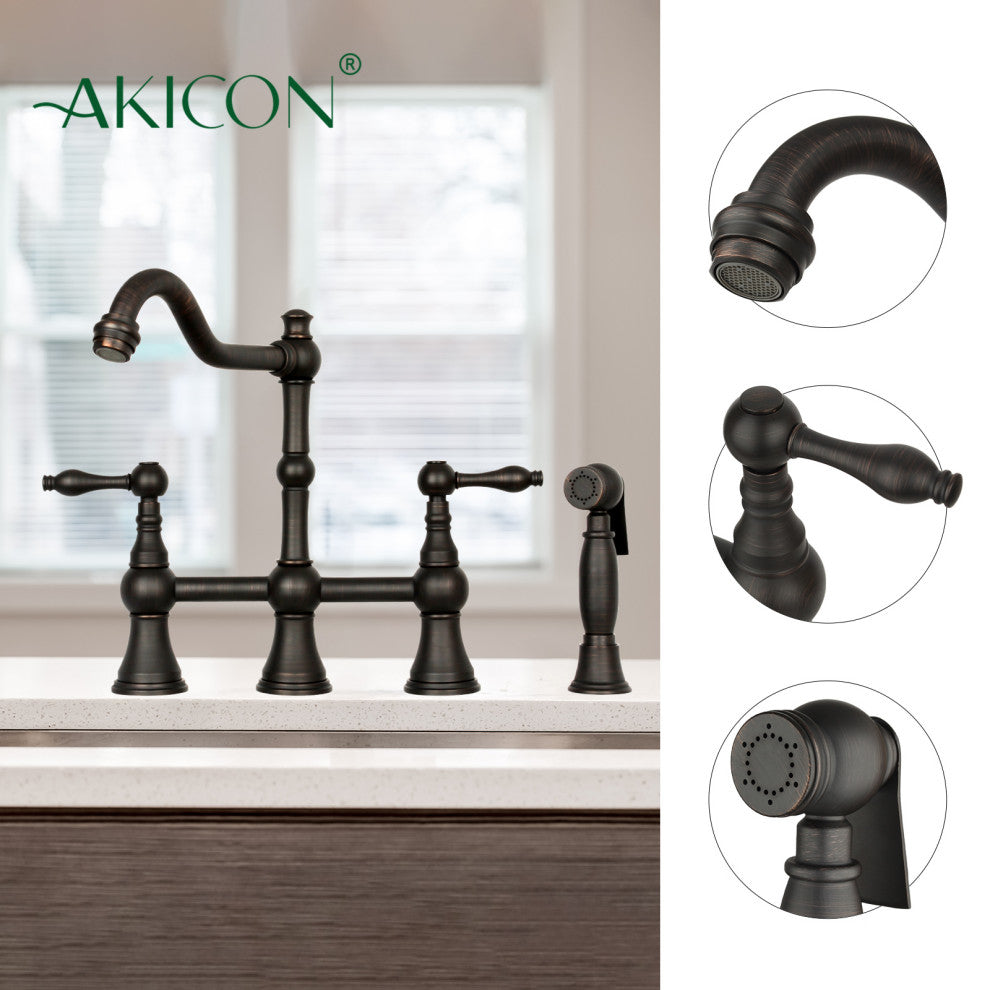 Two-Handles Copper Bridge Kitchen Faucet with Side Sprayer, Oil Rubbed Bronze