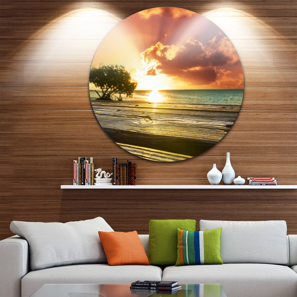 Boardwalk On Beach Under Cloudy Sky, Landscape Round Metal Artwork, 11"