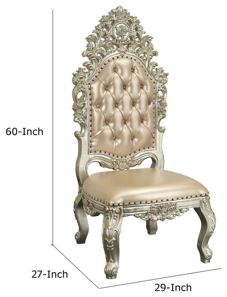 Benzara BM280529 27" Leather Dining Chair, Set of 2, Ornate Carved, Gold, Beige