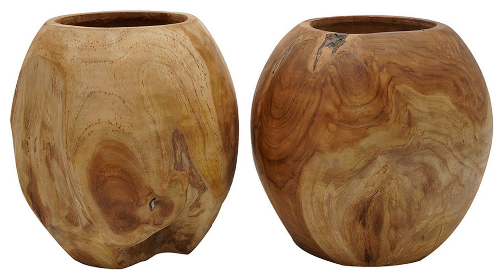 Benzara BM284954 2-Piece Set Teak Wood Table Bowls, Accent Piece, Brown FInish