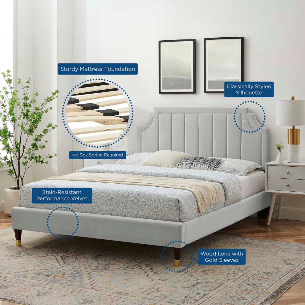 Platform Bed Frame, King Size, Velvet, Light Gray, Modern Contemporary