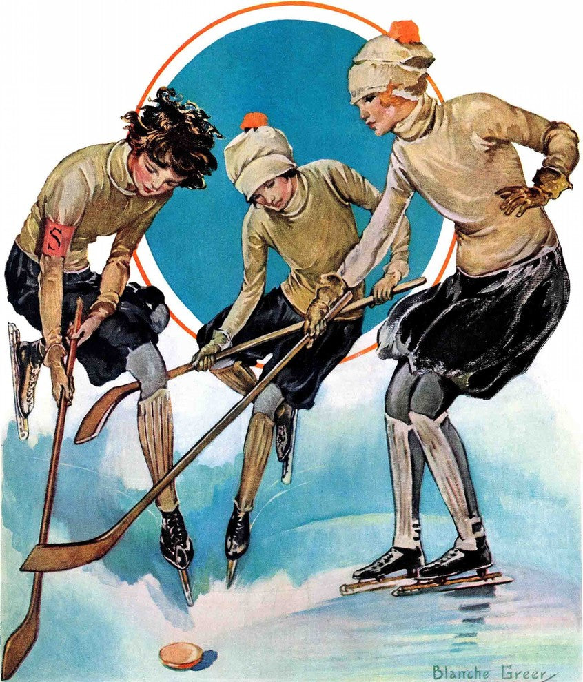 "Girls Playing Ice Hockey" Painting Print on Canvas by Blanche Greer