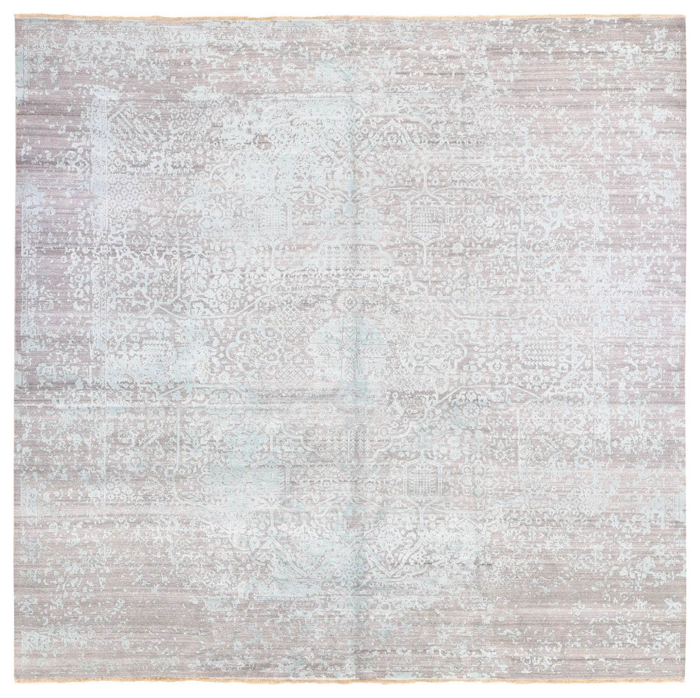 Silver Broken Persian Design Hand Knotted Wool and Silk Square Rug, 12'0"x12'0"