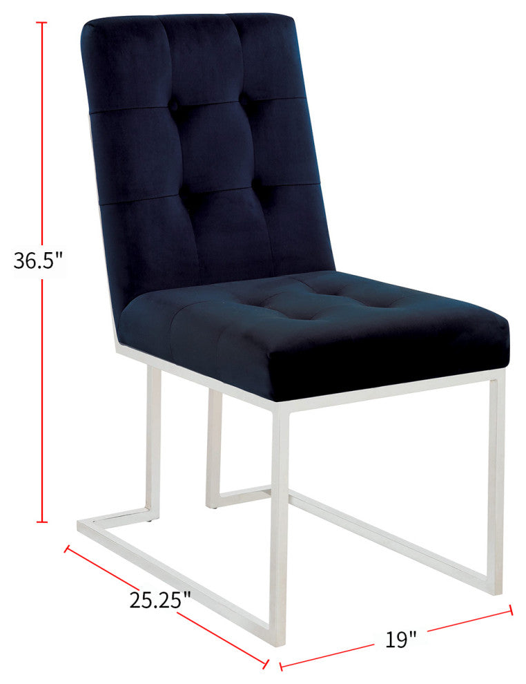 Set of 2 Fabic Dining Chairs, Blue and Chrome