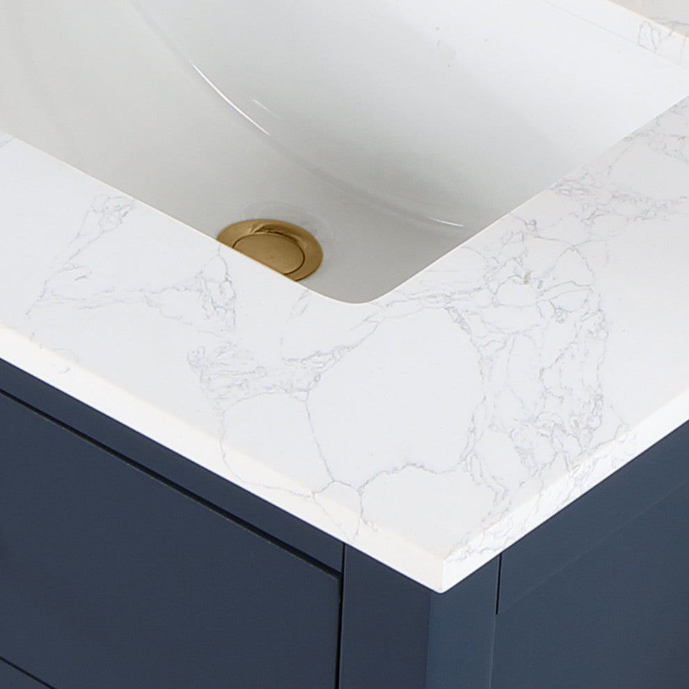 Gavino Vanity With Grain White Composite Stone Top, Royal Blue/Brushed Gold, 72", No Mirror