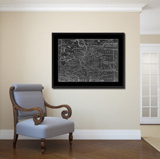 Colorado Monochrome Map Print On Canvas With Black Custom Frame, 16" X 21"