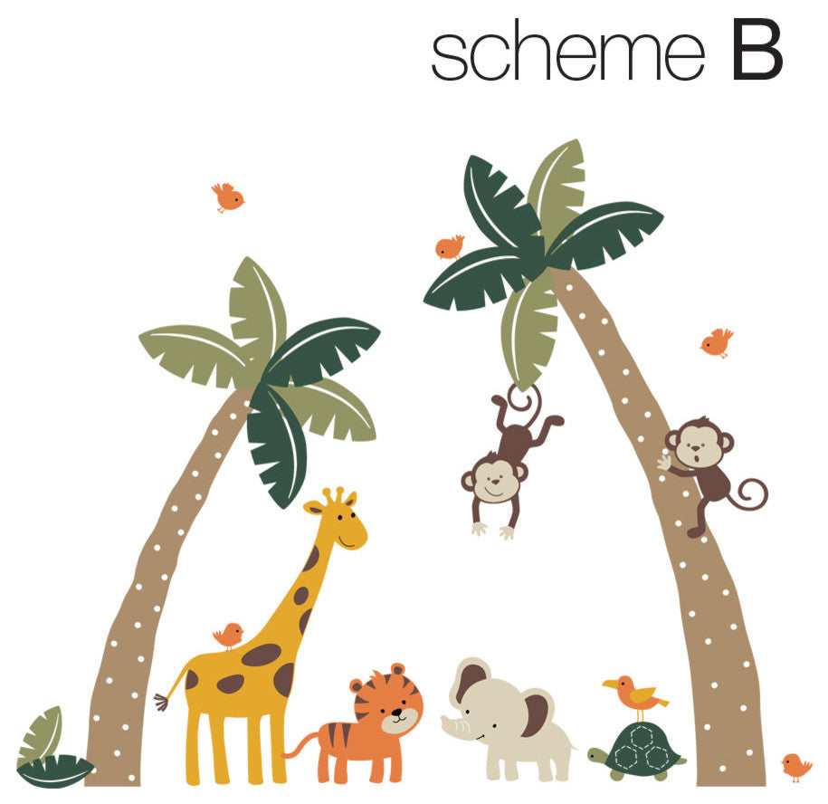 Palm Trees with Cute Jungle Animals Wall Decal, Scheme B