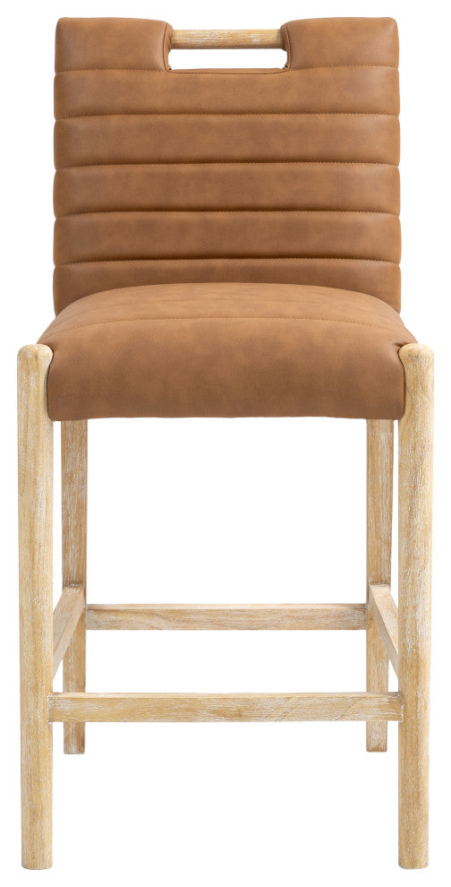 Aimee Upholstered Counter Stool, Cognac, Vegan Leather, Natural Oak Finish