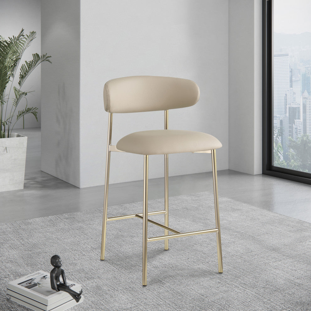 Lupita Upholstered Counter Stool, Taupe, Vegan Leather, Brushed Gold, Set of 2