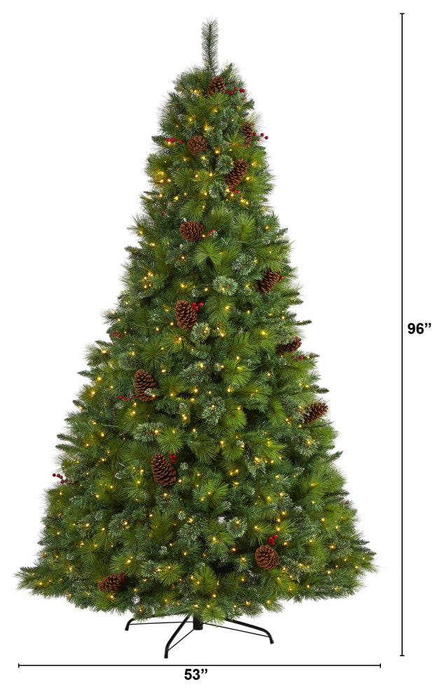 8' Montana Mixed Pine Faux Xmas Tree With Pine Cones, Berries & 700 Clear Lights