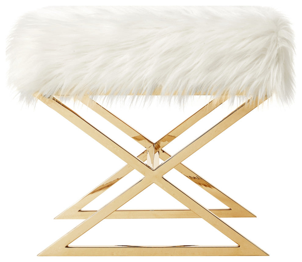 Oria Faux Fur X-Leg Gold Base Ottoman, White/Gold
