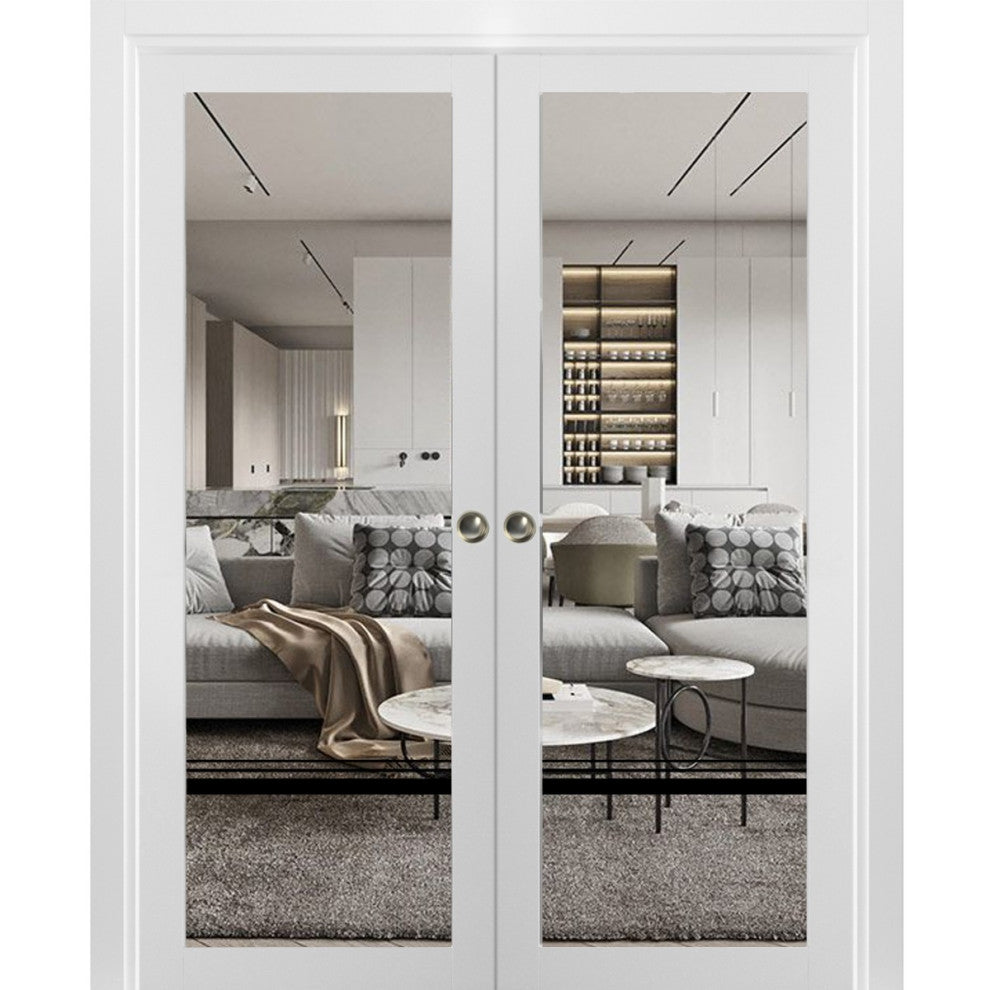 French Double Pocket Doors 56x96 | Lucia 2666 White Silk | Kit Trims Rail