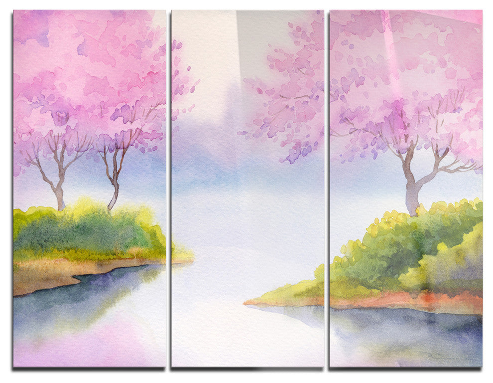 "Flowering Trees Over River" Glossy Metal Wall Art, 3 Panels, 36"x28"