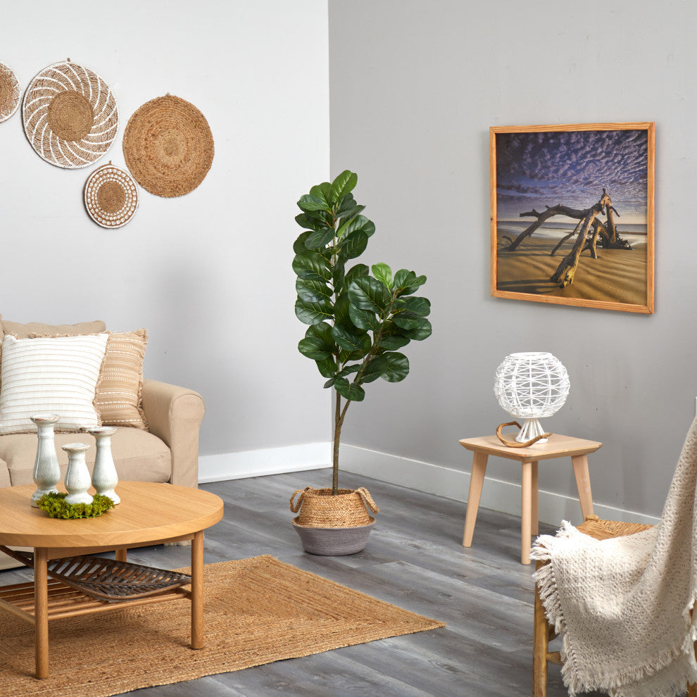 4.5' Fiddle Leaf Fig Faux Tree With Boho Chic Cotton & Jute White Woven Planter