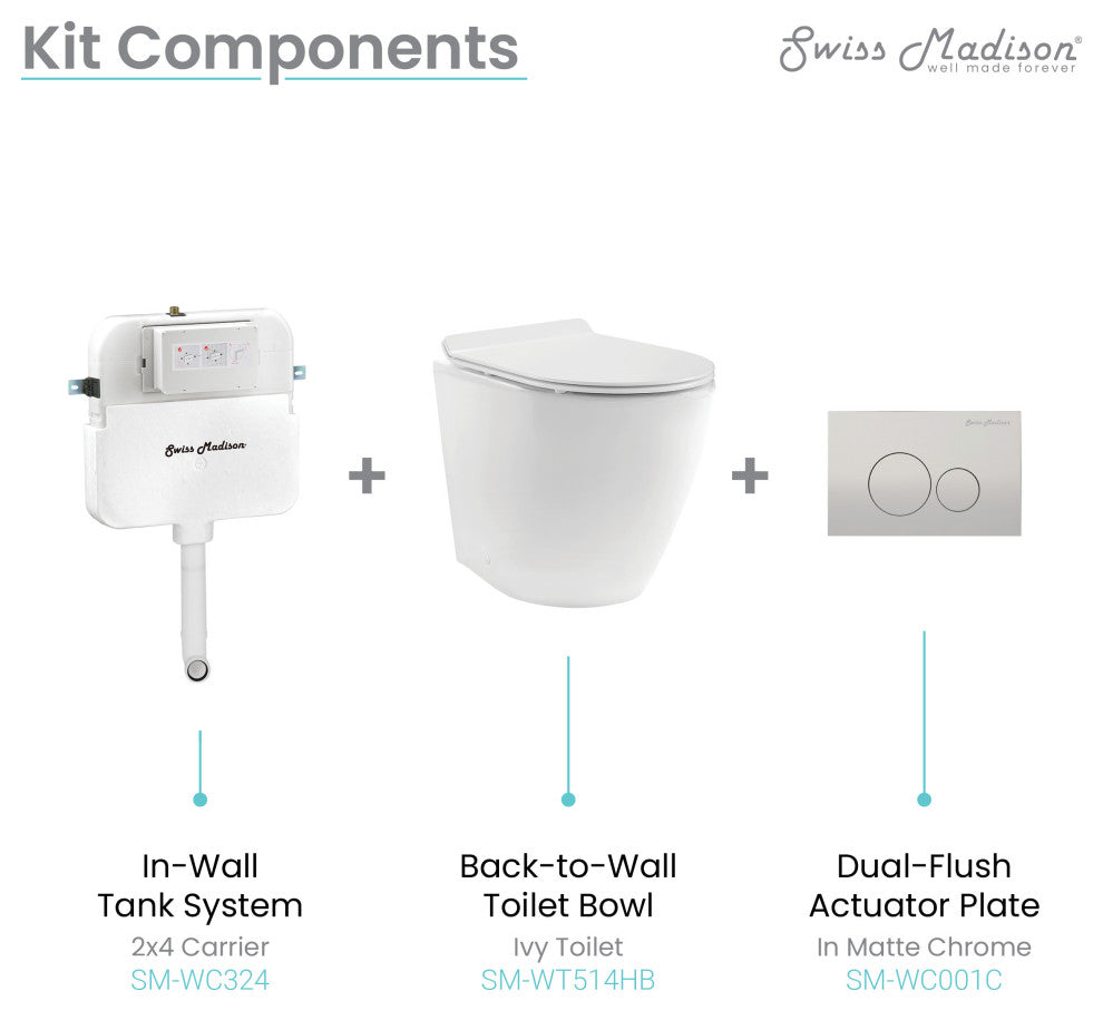St. Tropez Back to Wall Concealed Tank Toilet Bowl, Black Hardware