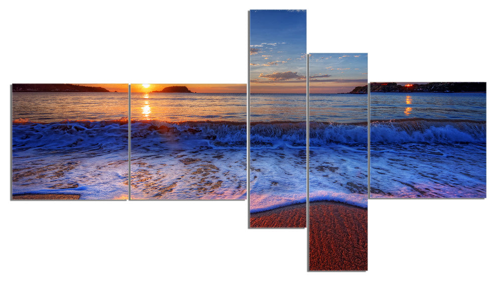 Blue Waves on Sandy Beach, Seashore Canvas Art Print, 60"x32", 5 panels