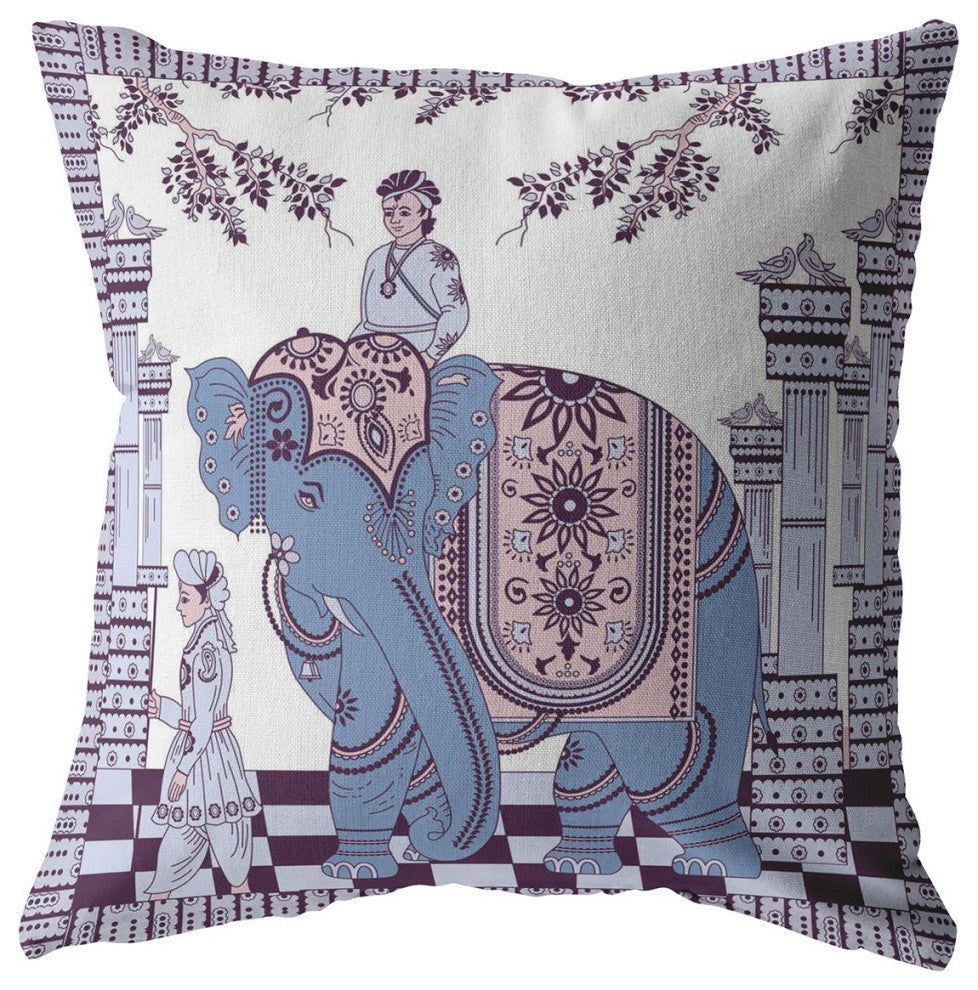 18" Blue Purple Ornate Elephant Zippered Suede Throw Pillow