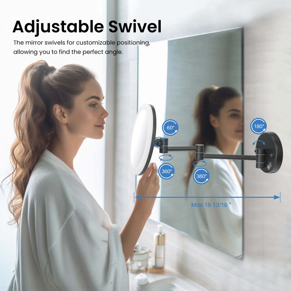 Circular LED Wall Mount One Side 5x Magnifying Make Up Mirror, Matte Black