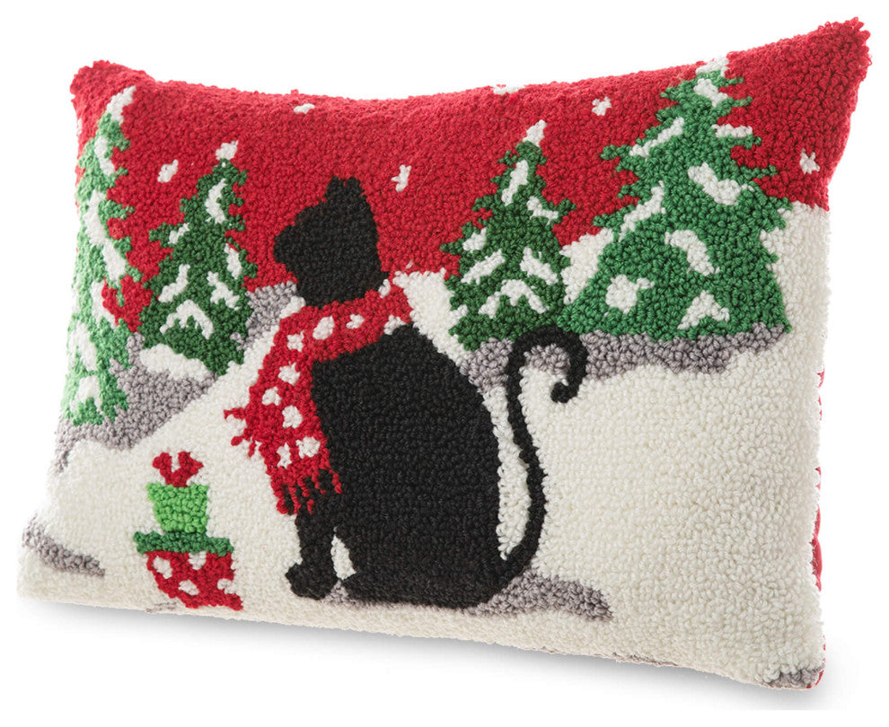 18"L Hooked Christmas Pillow Throw Xmas Pillows, Cat