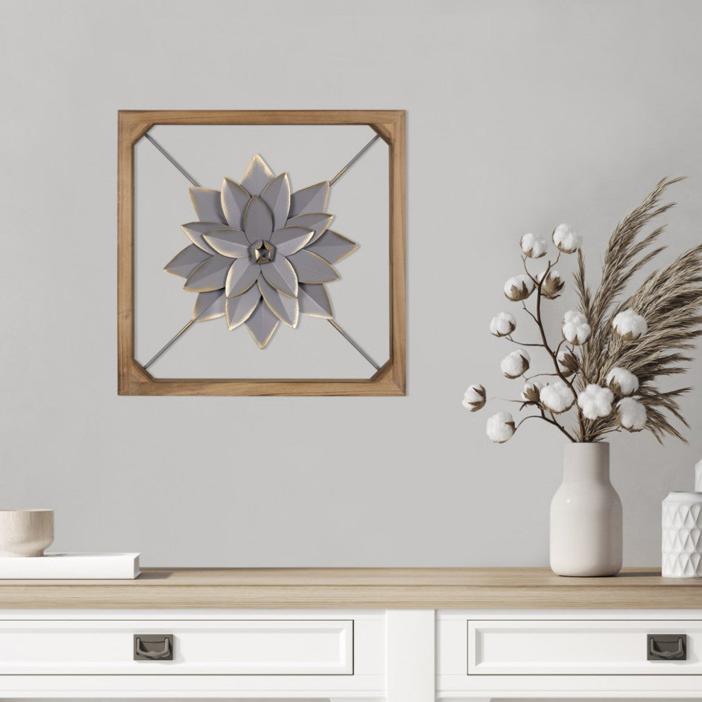 Wood Framed Gray Metal Flower Wall D"cor