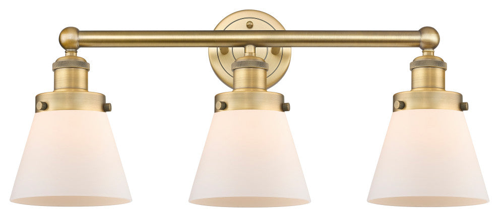 Edison Small Cone 3-Light 25" Vanity Light, Brushed Brass With Matte White Shade