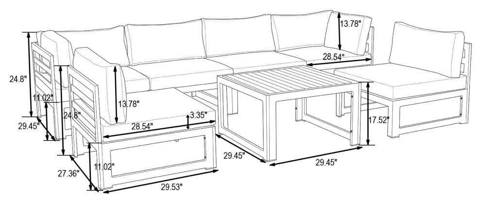 LeisureMod Chelsea 7-Piece Gray Patio Sectional With Coffee Table, Black