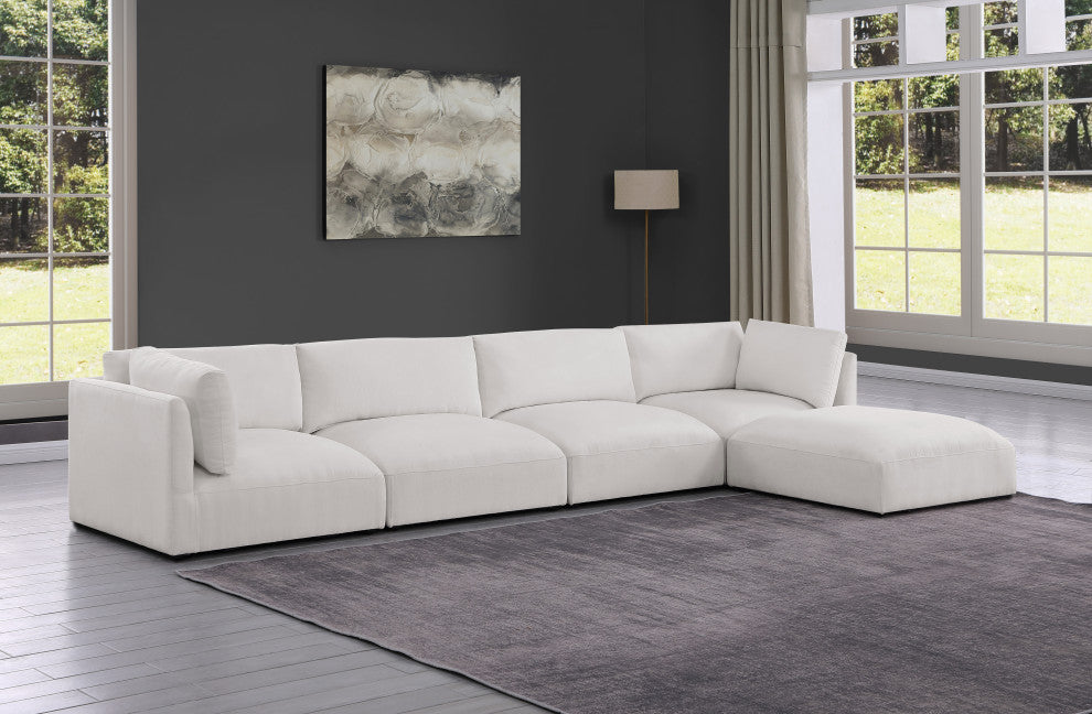 Ease Fabric Upholstered L-Shaped Modular Sectional, Cream, 4 Piece: 2 Corner, 2 Armless, 1 Ottoman