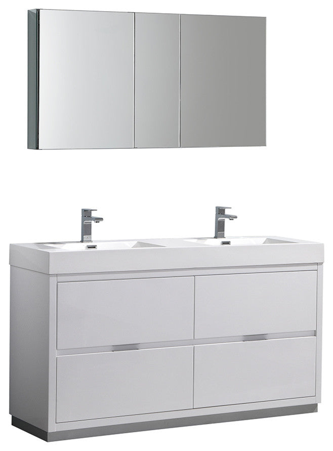 Valencia 60" Glossy White Free Standing Double Sink Vanity, Faucet FFT1040CH
