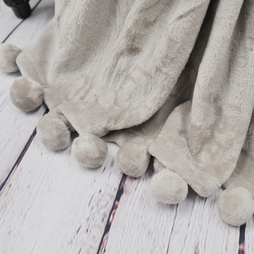 Pom Pom Flannel Fleece Throw Blanket, Light Grey, 50" X 60"