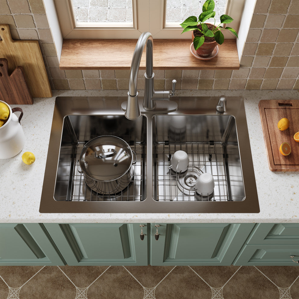 33in Drop-In Single and Double Bowl 18 Gauge Stainless Steel Kitchen Sink, Double
