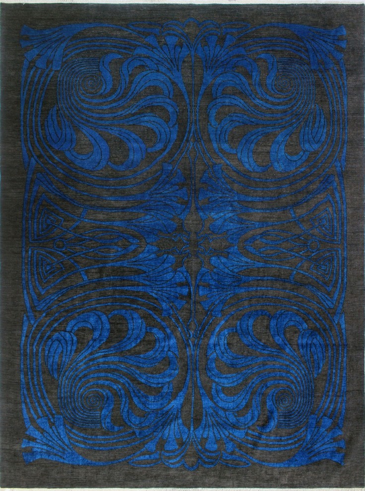 Aria Fine Chobi Omorose Blue and Black Rug, 10'3x13'9
