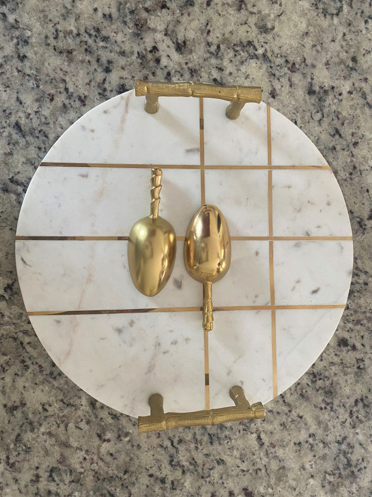Round Marble White Tray with Gold Handles and Inlay Strips