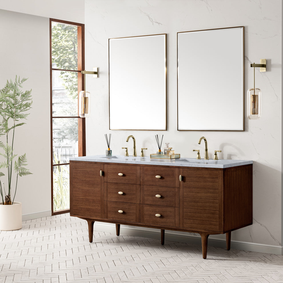 Amberly 30" Single Vanity, Mid-Century Walnut, 72", Carrara Marble, Three-Hole