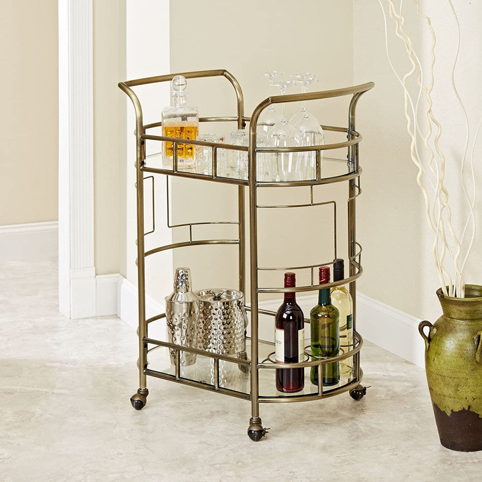 Transitional Bar Cart, Antique Gold Painted Frame and 2 Glass Tiers, O
