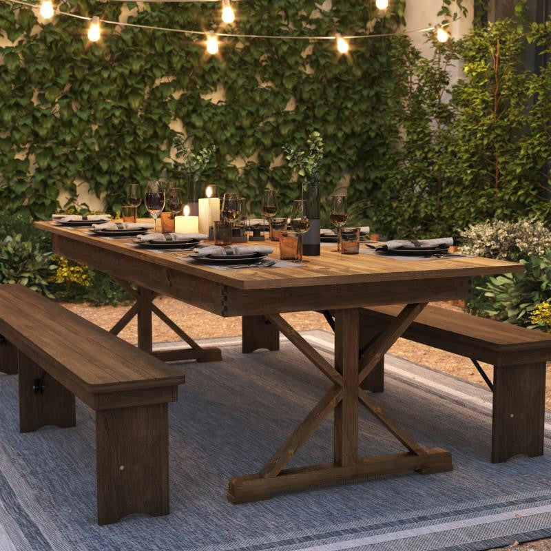 HERCULES 9' x 40" Rectangular Solid Pine Farm Table with X Legs, Antique Rustic